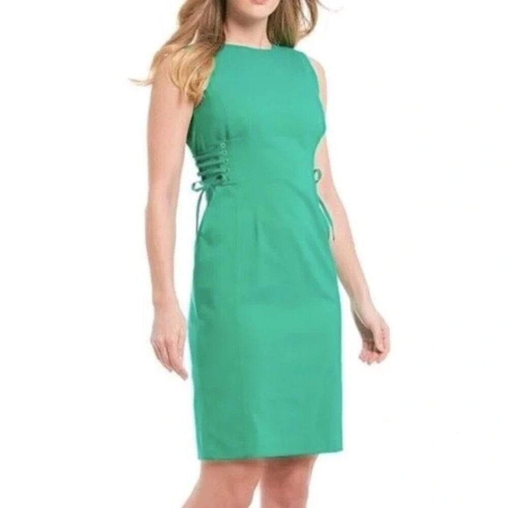 Calvin Klein Side Lace Up Sheath Dress Womens 6 Sleeveless Green Career Formal